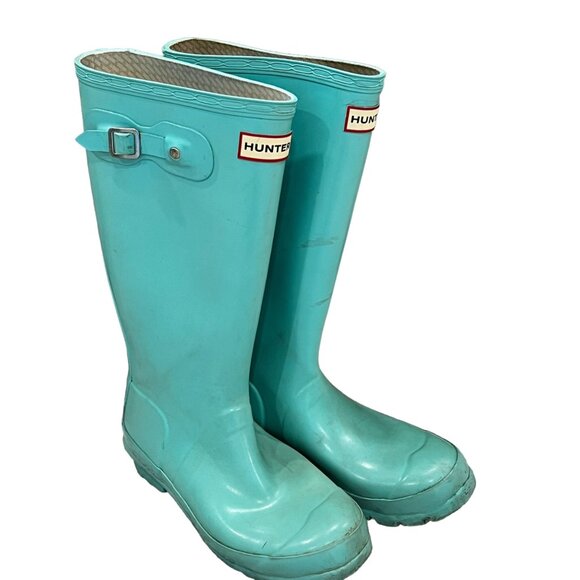 Hunter Original Kids Gloss Rain Boots Size 4 Teal Aqua Blue Adjustable Strap - Picture 1 of 7